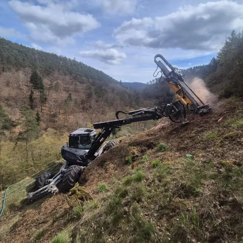 Spinnenbagger am bewaldeten Hang